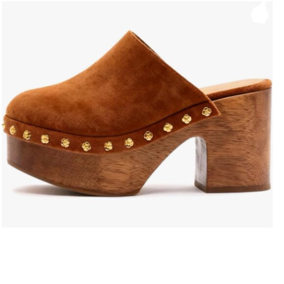 Wansseny Shoes - Brown Round Toe Studded Platform Mule Slip on Cork Chunky Block High Heel Clogs